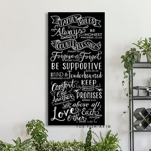 Family Rules Sign Scripture Canvas Print Farmhouse Decor Fixer Upper Style Hand Lettered Calligraphy Bible Verse Gift For Her Anniversary
