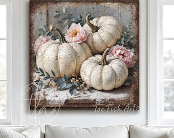 Fall Pumpkin Sign – Vintage Floral Rustic, Modern Farmhouse Wall Art, Mantel Country Decor Large Canvas or Exterior Outdoor Metal Print
