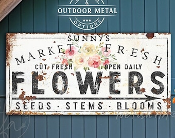 Personalized Flowers Rustic Chic Fresh Flower Market Sign Custom Family Name Vintage Farmhouse Wall Decor Country Home Canvas or METAL PRINT