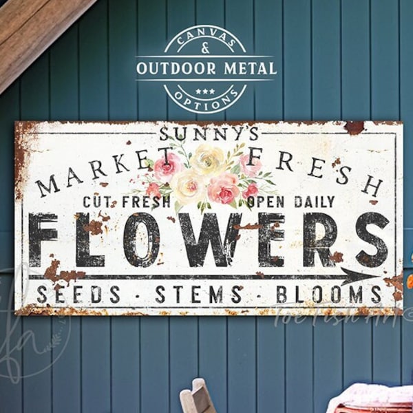 Personalized Flowers Rustic Chic Fresh Flower Market Sign Custom Family Name Vintage Farmhouse Wall Decor Country Home Canvas or METAL PRINT