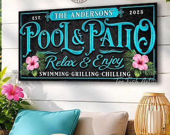 Personalized Pool Patio Sign – Tropical Poolside Wall Decor, Family Name Backyard Bar and Grill, Canvas Or Outdoor Metal Print