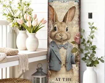 Easter Porch Sign - Family Name Personalized Bunny Rabbit Welcome Spring, Home Decor, Canvas, Framed Canvas or Metal