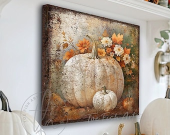 Puede incluir: Un lienzo rectangular que presenta una pintura rústica y desgastada de dos calabazas blancas y flores de otoño. La obra muestra una apariencia texturizada y envejecida con tonos cálidos marrones, naranjas y crema, e incluye el texto Toe Fish Art.