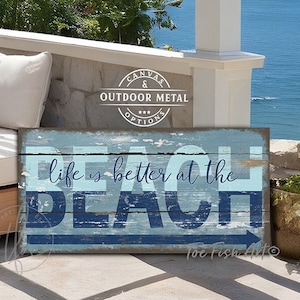 Personalized Beach House Sign Coastal Wall Decor Nautical Art Pool & Patio Life is better at the Beach Rustic Canvas or Outdoor Metal Print image 1