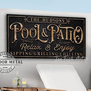 PANNEAU EN MÉTAL ! Enseigne personnalisée pour piscine et terrasse, bar et grill dans l'arrière-cour, terrasse de la piscine, nom de famille personnalisé, art mural de ferme moderne, impression rustique