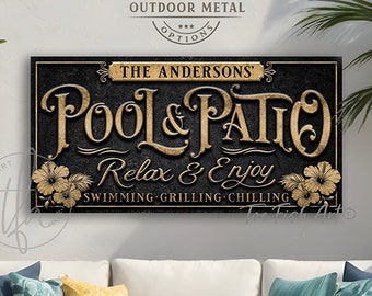 Personalized Pool & Patio Sign Backyard Bar and Grill Pool Deck Custom Family last Name Sign Wall Art Rustic Canvas Or Outdoor Metal Print