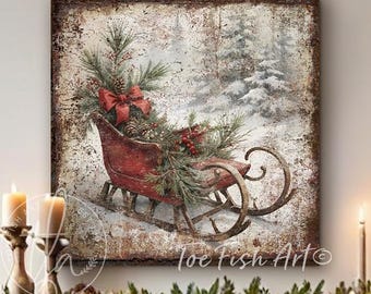 Vintage Christmas Sign – Rustic Sleigh Sled Holiday Mantel, Canvas Print, Modern Farmhouse Wall Decor, Country Kitchen Living Room Art