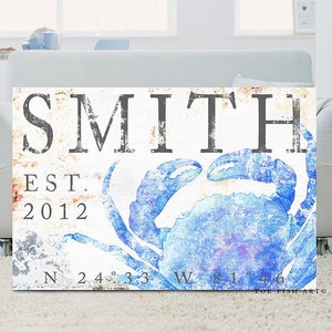 May include: A blue watercolour crab with a white background. The text "SMITH EST. 2012 N 24°33' W 81°46'" is printed below the crab.