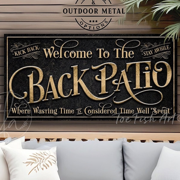 Letrero personalizado para patio trasero: decoración de pared para bar y parrilla en el patio trasero, lienzo con nombre familiar para piscina y patio o impresión en metal para exteriores.