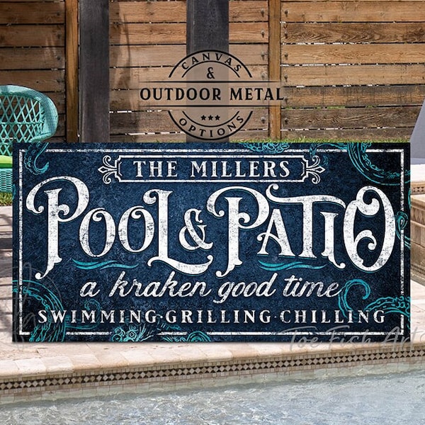Personalized Pool & Patio Sign Kraken Octopus Backyard Bar Grill Lounge Party Summer Deck Custom Family Name Canvas or Outdoor Metal Print