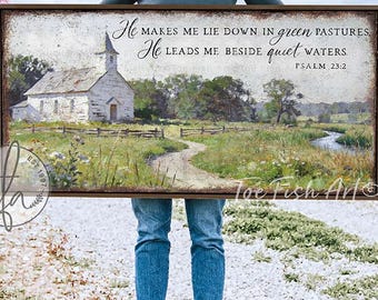 Vintage Scripture Sign - Rustic Modern Farmhouse Wall Decor, Psalm 23:2 Bible Verse, Framed Canvas, Outdoor Metal Print
