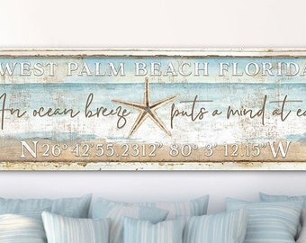 Coastal Decor Beach house Sign Custom Name Beach Shell Personalized Wall Art Welcome Sign Latitude & Longitude Canvas Or Outdoor Metal Print