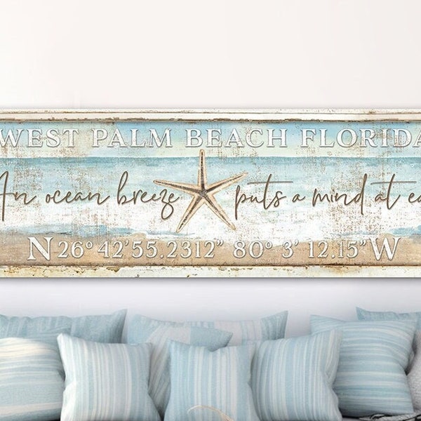 Coastal Decor Beach house Sign Custom Name Beach Shell Personalized Wall Art Welcome Sign Latitude & Longitude Canvas Or Outdoor Metal Print