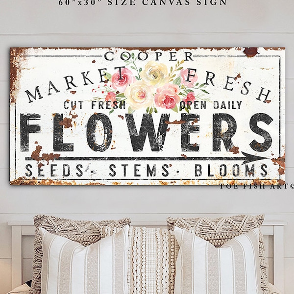Custom Family Name Sign Vintage Farmhouse Wall Decor Rustic Chic Fresh Flower Market Sign Modern Kitchen Sign Primitive Country Canvas Print