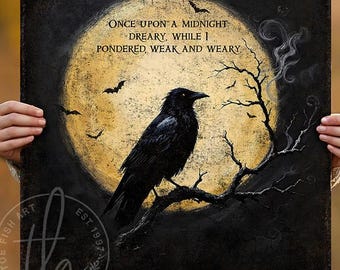 Raven Moon Halloween Sign - Vintage Rustic, Gothic, Spooky, Fall Wall Decor, Dark Art, Edgar Allan Poe Poem, Canvas or Outdoor Metal Print