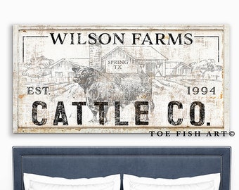 Custom Cattle Family Name Established Sign Modern Farmhouse Wall Decor Rustic Ranch Personalized Living Room Wall Art Vintage Canvas Print