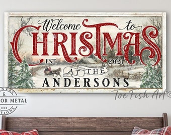 Christmas Decor Sign Personalized Custom Family Name Sign Modern Farmhouse Wall Decor Welcome Home Holiday Wall Art Canvas or Outdoor Metal
