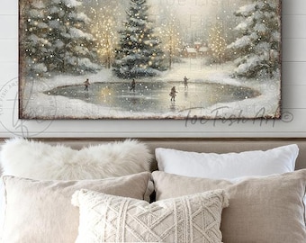 Vintage Skating Pond Christmas Wall Art – Rustic Farmhouse Decor, Pine Tree Lights Sign, Canvas or Outdoor Metal Print