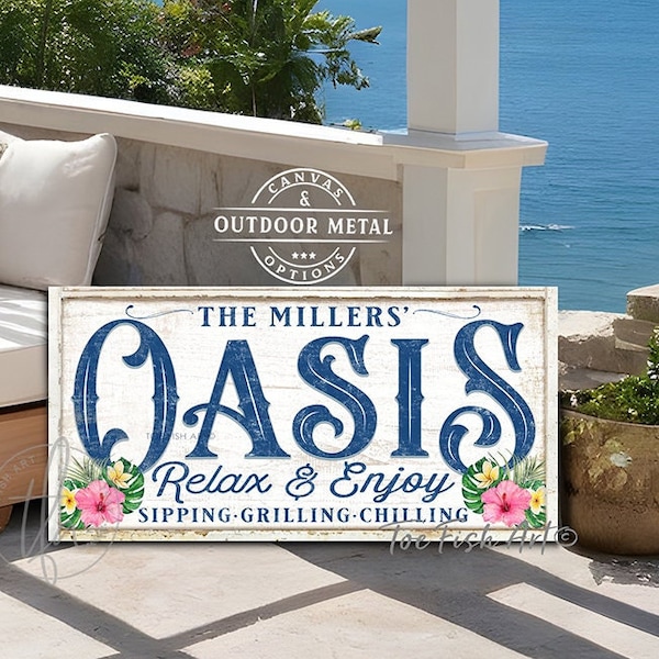 Personalized Pool & Patio Sign Backyard Oasis Bar and Grill Pool Deck Custom Family last Name Sign Rustic Canvas or Outdoor Metal Print