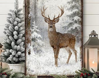 Vintage Winter Deer Sign - Rustic Christmas Wall Art, Holiday Decor, Modern Farmhouse, Large Canvas or Outdoor Metal Print