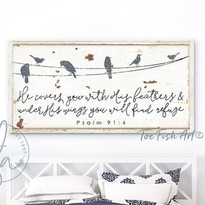He Covers You With His Feathers Modern Farmhouse Decor Psalm 91:4 Christian Wall Art Rustic Farmhouse Distressed Scripture Canvas Print Art image 2