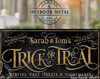 Trick or Treat Halloween Sign – Personalized Family Name Wall Art, Rustic Fall Holiday Canvas or Outdoor Metal Print for Porch Entryway