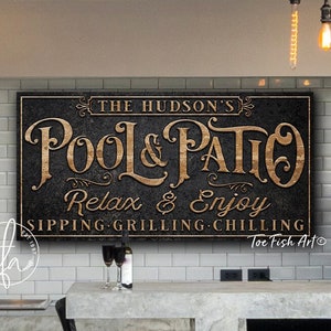 Personalized Pool & Patio Sign Backyard Bar and Grill Pool Deck Last Name Sign Custom Family Name Sign Modern Farmhouse Wall Art Relax Enjoy