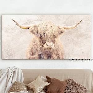 Highland Cow Canvas Print Modern Farmhouse Wall Decor Primitive Boho Vintage Living Room Large Cattle Company Rustic Scotland Cow Distressed