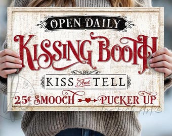 Kissing Booth Sign – Vintage Valentine’s Day Wall Decor, Kiss and Tell Art, Modern Farmhouse Canvas or Metal Print