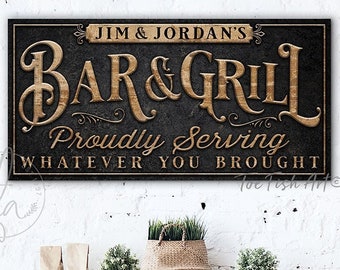 Personalized Bar & Grill Sign Backyard Patio Basement Man Cave Pool Deck Last Name Sign Custom Family Name Sign Modern Farmhouse Wall Art