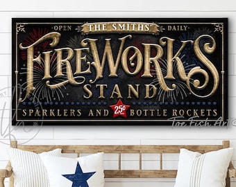 4th of July Sign Fireworks Stand Sign Personalized Wall Decor 1776 Patriotic Rustic Independence Day Americana Canvas or Outdoor Metal Print