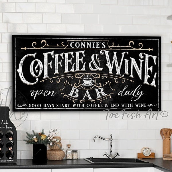 Coffee & Wine Bar Sign Bar Cart Personalized Name Sign Custom Vintage Modern Farmhouse Wall Art for the Home Rustic Distressed Canvas Print