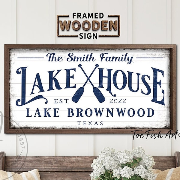 WOOD SIGN! Lake House Sign Custom Personalized Modern Farmhouse Wall Decor Wood Framed Family Last Name Wood Sign Rustic Cottage Cabin Art