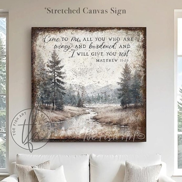 Vintage Scripture Sign Modern Farmhouse Wall Decor Rustic Holiday Come to Me All who are Weary Matthew 11:28 Mantel Decoration Canvas Print