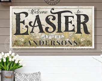 Family Name Easter Sign – Rustic Farmhouse Holiday Wall Art, Canvas or Outdoor Metal Print, Mantel, Porch, Personalized Floral Decor