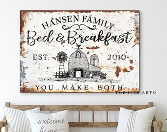 Bed and Breakfast Sign Rustic Farmhouse Wall Decor Name Established Sign Personalized Guest Bedroom Wall Art Vintage Guest Room canvas Print