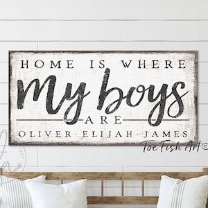 Home Is Where My Boys Are Personalized Family Name Sign Kids Children&#39;s Grandchildren Names Nursery Wall Decor Boy Cave Love Canvas Print