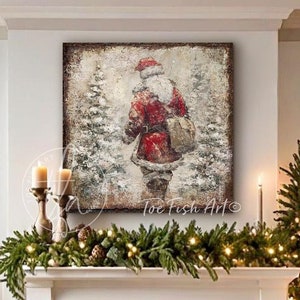 May include: A painting of Santa Claus walking through a snowy forest. The painting is framed and hanging above a fireplace with a Christmas garland. The text "Toe Fish Art" is visible in the bottom right corner of the painting.