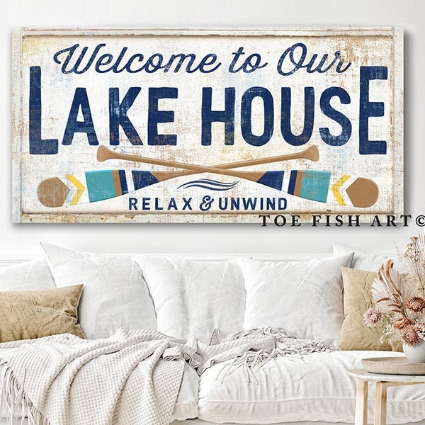 Custom Lake House Sign Modern Farmhouse Wall Decor Welcome Large Rustic Wall Art Summer Cottage Cabin Entryway Canvas Print Relax & Unwind