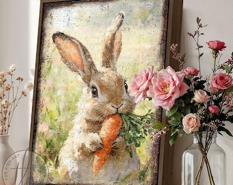 Easter Bunny Wall Art, Vintage Spring Rabbit Decor, Floral Painting Farmhouse Art, Framed Canvas or Outdoor Metal Print, Easter Gift