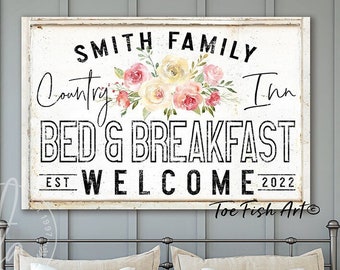 Bed and Breakfast Sign Rustic Farmhouse Wall Decor Name Established Sign Personalized Guest Bedroom Wall Art Vintage Guest Room Canvas Print