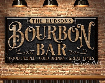 Personalized Bourbon Bar Sign Home Bar Accessories Name Sign Rustic Modern Farmhouse Wall decor Whiskey Lover Canvas or Outdoor Metal Print