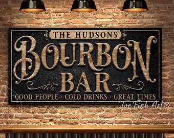 Bourbon Bar Sign Man Cave Personalized Last Name Family Sign Custom Rustic Modern Farmhouse Wall Art Canvas Print for the Home Whiskey Lover