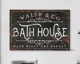 PERSONALIZED Custom Bath House Sign Bathroom Art Family Name and Co Sign Modern Farmhouse Wall Decor Rustic Art Best Wall Decor Canvas Print