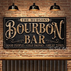 Personalized Bourbon Bar Sign Home Bar Accessories Name Sign Rustic Modern Farmhouse Wall decor Whiskey Lover Canvas or Outdoor Metal Print