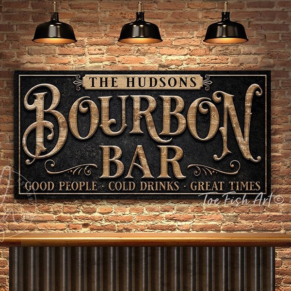 Bourbon Bar Sign Man Cave Personalized Last Name Family Sign Custom Rustic Modern Farmhouse Wall Art Canvas Print for the Home Whiskey Lover