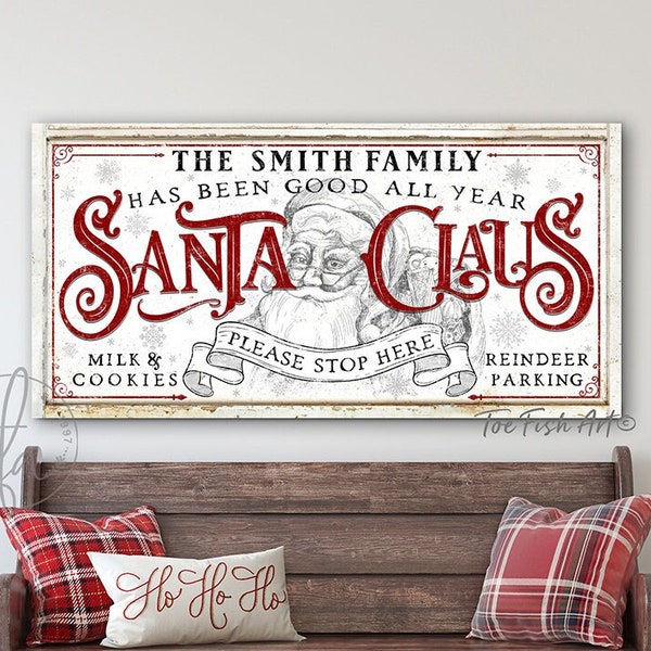 Rustic Christmas Sign Santa Please Stop Here Modern Farmhouse Wall Decor Vintage Holiday Wall Art Personalized Name St Nick's Canvas Print