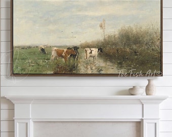 Framed Vintage Landscape Canvas Wall Art Print – Antique Countryside Painting, Modern Farmhouse Home Decor