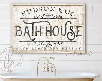 PERSONALIZED Custom Bath House Sign Bathroom Art Family Name and Co Sign Modern Farmhouse Wall Decor Rustic Art Best Wall Decor Canvas Print