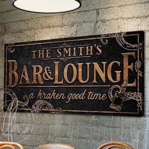 Bar & Lounge Sign Personalized Kraken Octopus Pirate Caribbean Theme Sign Game Room ManCave Basement Lower Level Last Name Canvas Art Print
